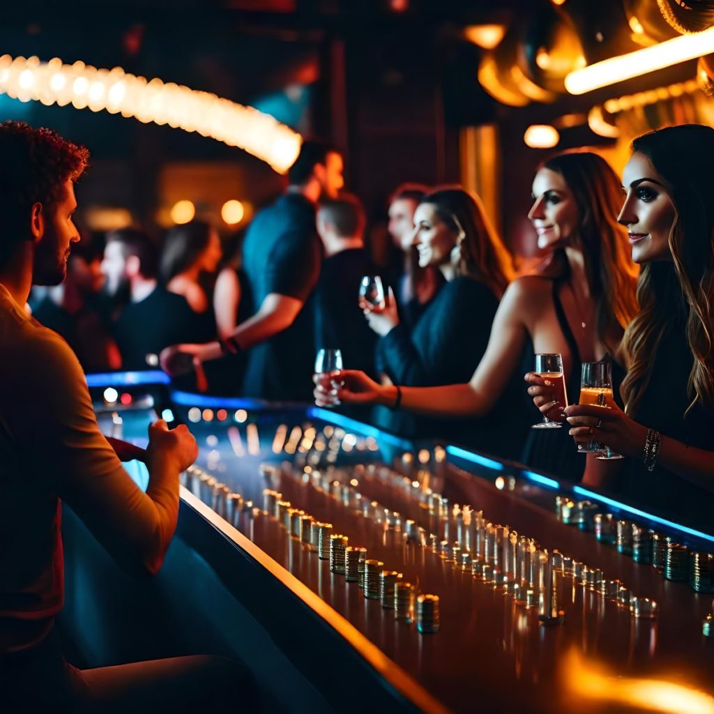 People Standing At The Bar In A Nightclub On A Cruise.