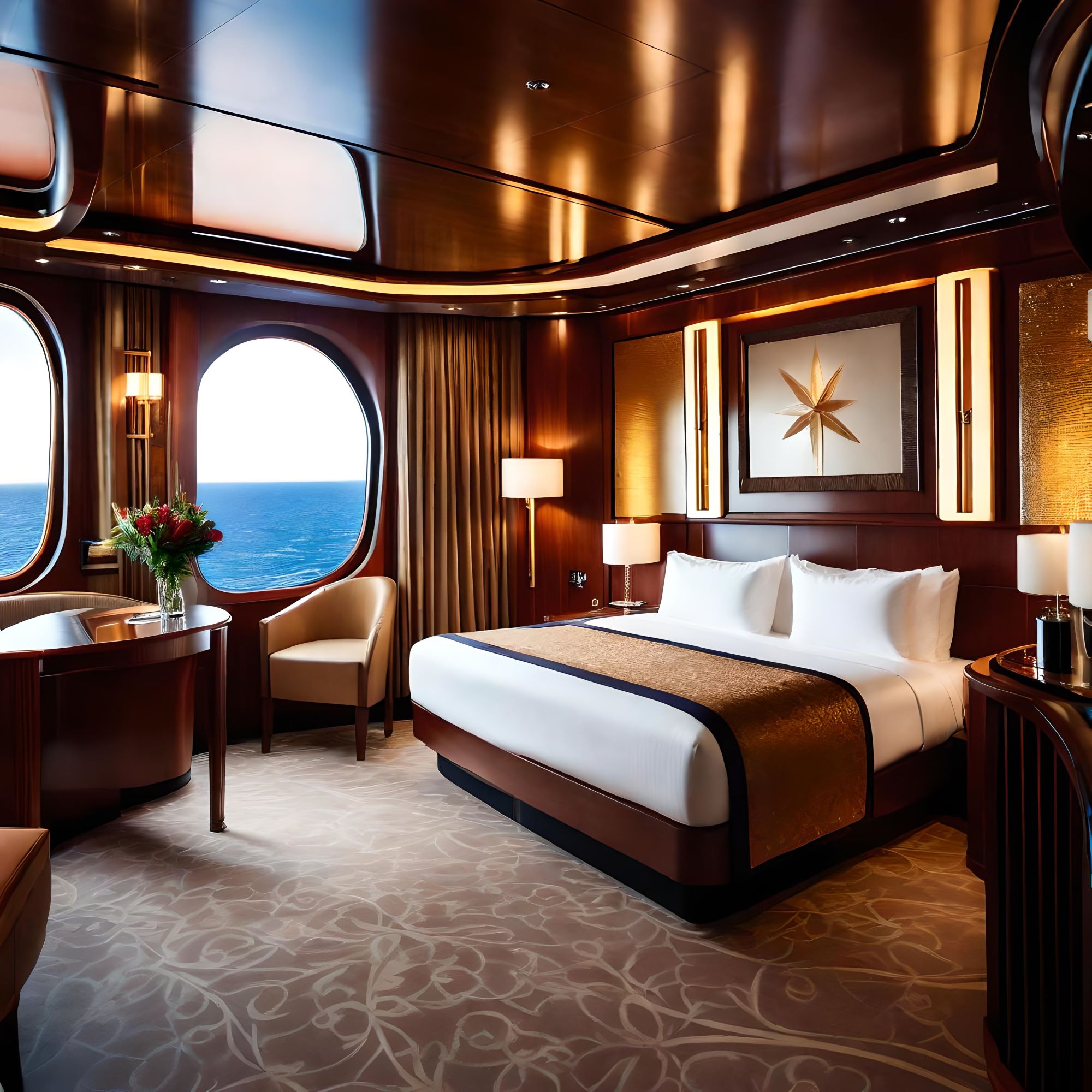 Cabin Room On A Cruise Ship With Full Amenities.